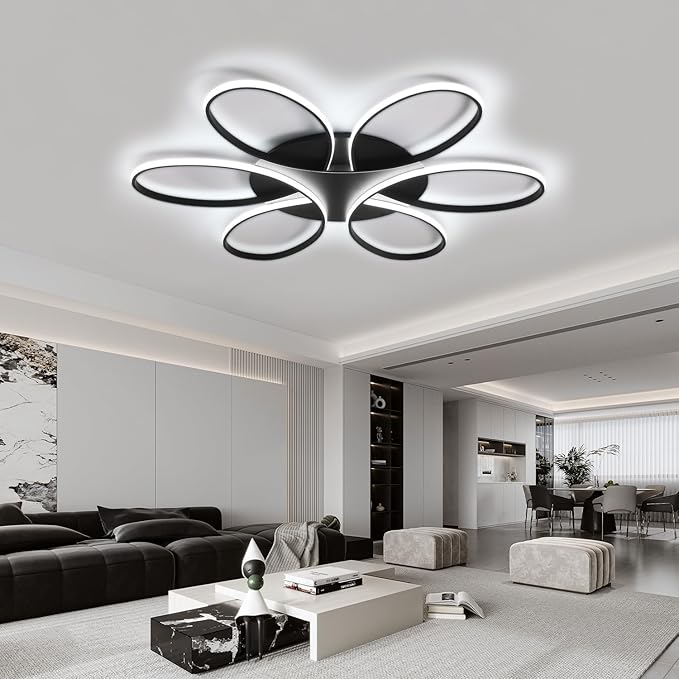 Modern LED Ceiling Light Fixture Black Flush Mount Ceiling Lamp with Remote Control Dimmable 6 Rings Flower Shaped Ideal for Living Room Bedroom Dining Room Kitchen(120CM/47.3IN)