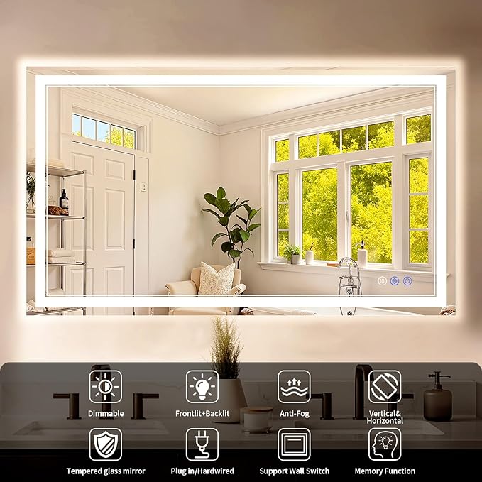 24"x48" LED Bathroom Mirror with Lights, Anti-Fog, Backlit + Front Lit, Dimmable, Led Vanity Mirror for Wall, Lighted Bathroom Mirror, 3 Colors, Shatter-Proof Tempered Glass