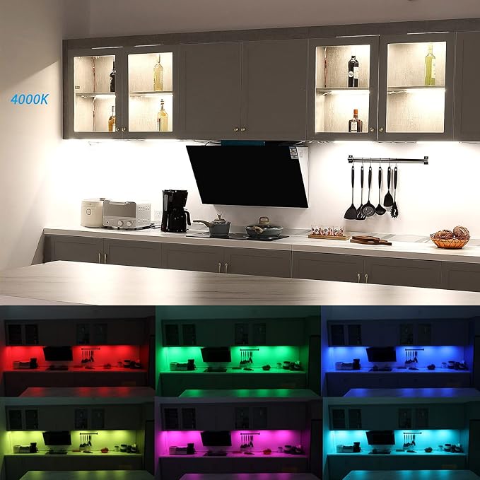 Kitchen Under Cabinet LED Light. RGBW. Color Change & Super Bright Cool White Light. Remote with Dimming. 6 LED Light Bars with Power Adapter, Extension Cable. Plug in. Easy to Install. RGB + 4000K.