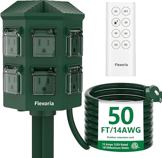 Outdoor Power Stake Timer, Remote Control Dusk to Dawn Light Timer, 50FT Extension Cord Waterproof, 6 Grounded Outlets for Graden and Yard Decorations, ETL Listed