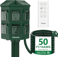 Outdoor Power Stake Timer, Remote Control Dusk to Dawn Light Timer, 50FT Extension Cord Waterproof, 6 Grounded Outlets for Graden and Yard Decorations, ETL Listed