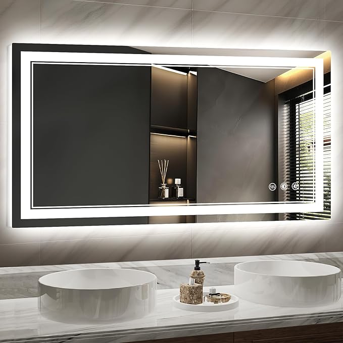 LED Bathroom Mirror with Lights: 55"x30" Wall Mounted Large Lighted Mirrors Fogless, Anti-Fog,Dimmable,Memory Function, Shatterproof Tempered Glass, Espejos para Baños, ETL Listed