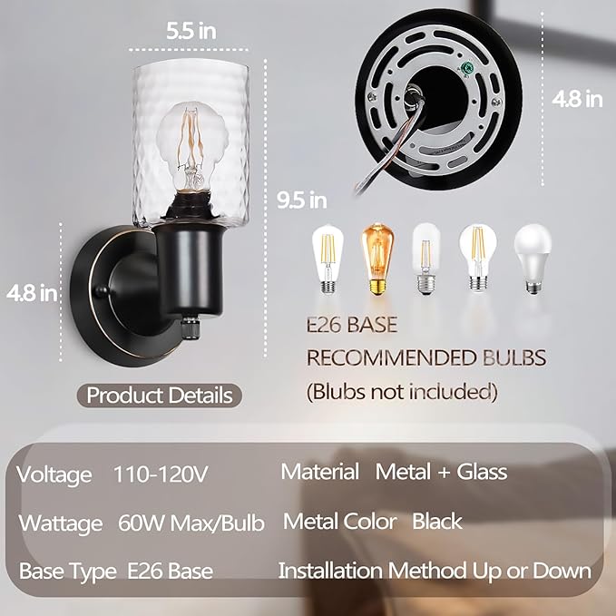 Wall Sconces Set of 2 - Matte Black Vanity Lights for Bathroom Modern Wall Light Fixtures with Rotary Switch - Wall Mount Light with Hammered Glass,Farmhouse Wall Lamp for Bedroom Mirror Living Room