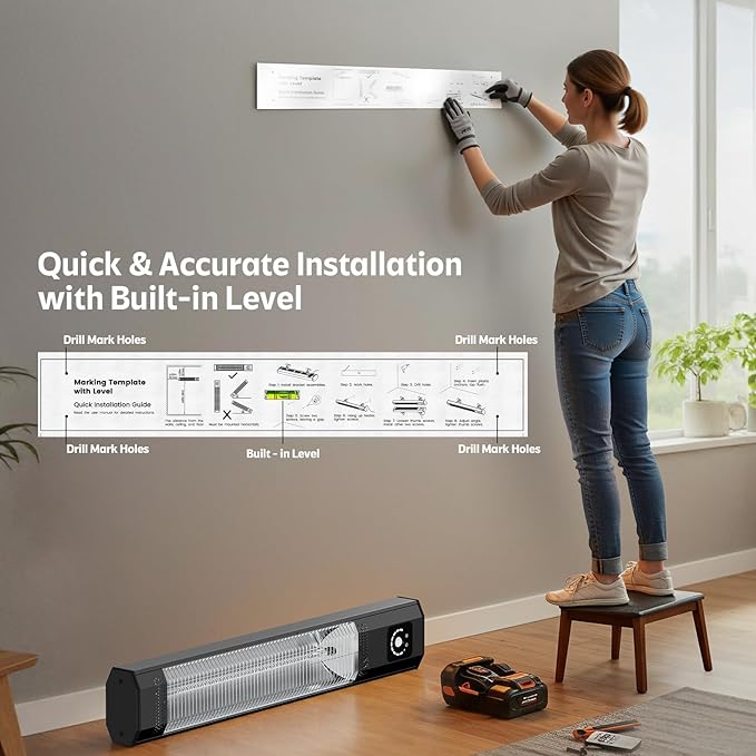 Wall-Mounted Electric Patio Heater, 34" 1500W Infrared Heater With Motion Sensor, IPX5 Waterproof, 9 Heat Level & 9H Timer, Indoor & Outdoor Heaters for Patio, Backyard, Garage, and Decks