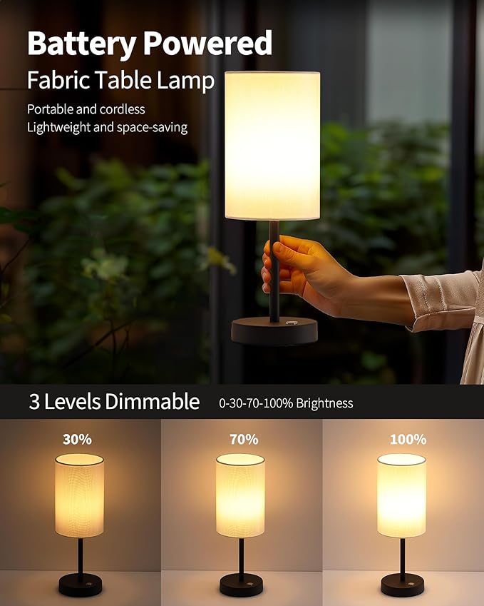 KDG Simple Cordless Table lamp, Portable Bedside 5000mAh LED Desk Lamp, 3 Brightness Levels Emergency Light, Linen Lampshade for Living Room, Bedroom, Dining Room, Night Light (Black)