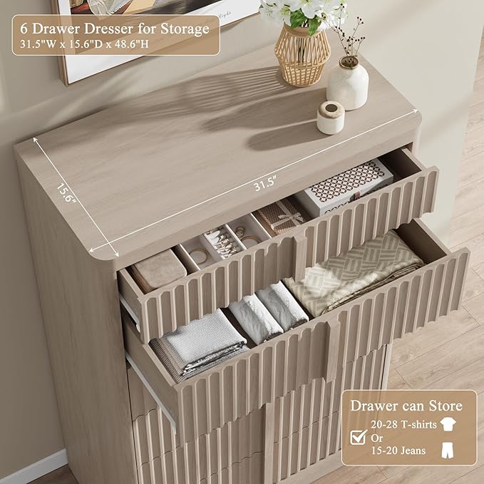 Fluted Dresser for Bedroom, 48" Tall 6 Drawer Dresser, Modern Chest of Drawers with Solid Wood Handle, Curved Profile Design, Wood Dressers Storage Organizer,Bedroom, Living Room, Hallway, White Alder