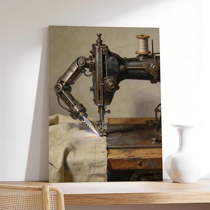 Framed Steampunk Mechanical Sewing Machine Wall Art - Retro Industrial Workshop Poster for Home Office Studio Decor 12x18inch(30x45cm)