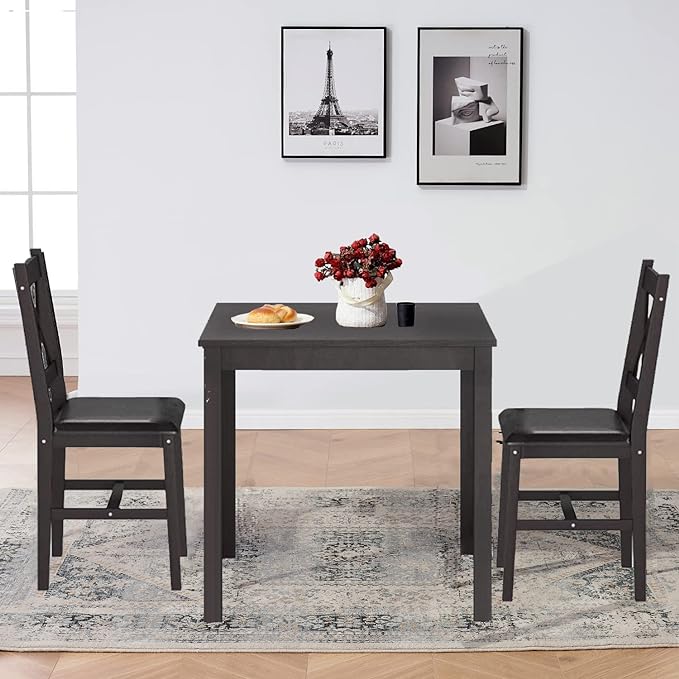3-Piece Solid Wood Kitchen Table Set for 2 | Pine Dining Table with Upholstered Chairs | Space-Saving Design | Smooth Easy-to-Clean Surface | for Dining Room, Apartment, Restaurant, Dark Brown