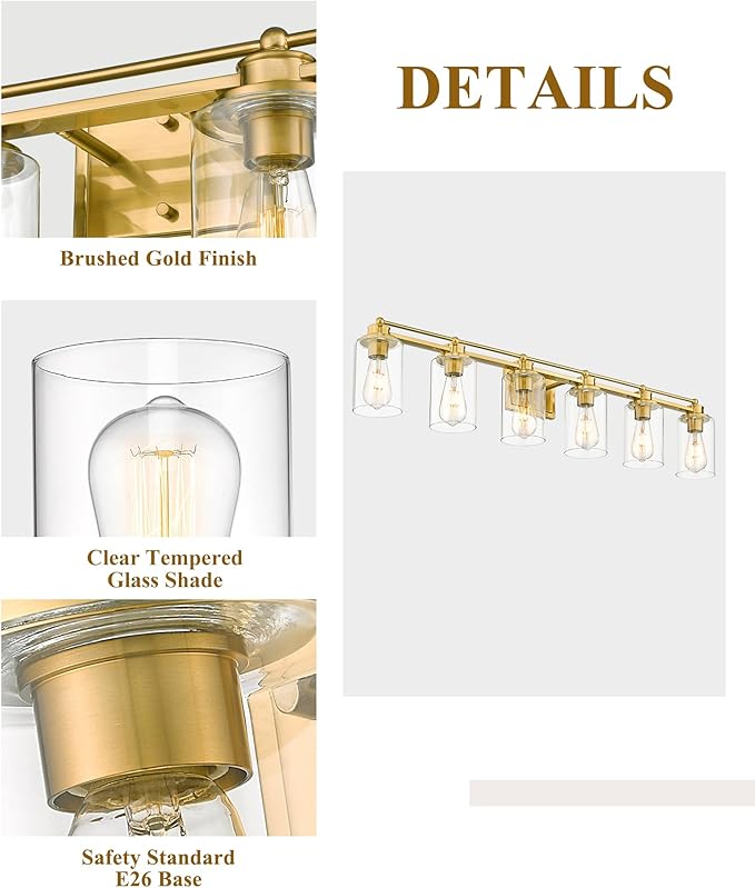 6 Light Bathroom Vanity Light, HWH Brushed Gold Light Fixture Bathroom Wall Vanity Lights, Modern Brass Vanity Lights Over Mirror with Clear Glass Shade, 5HLT63B-6W BG