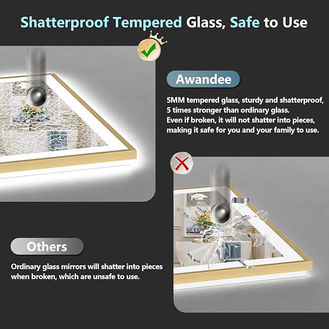 40x32 Gold LED Bathroom Mirror with Lights, Brushed Gold Framed Backlit and Front Lit Anti-Fog Lighted Vanity Mirrors for Bathroom Wall, Dimmable, 3 Colors, Memory, HD Tempered Glass, CRI＞90