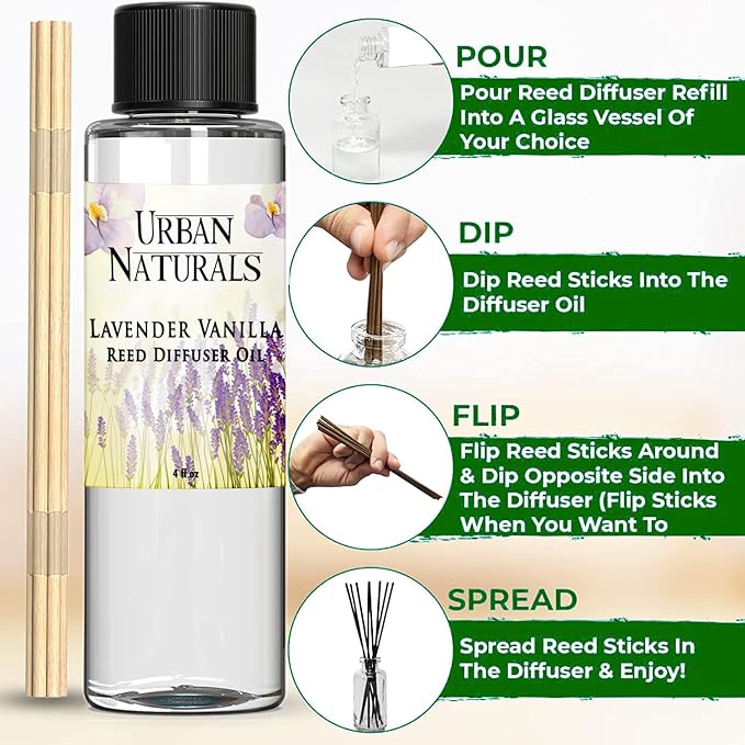 Urban Naturals Lavender Vanilla Scented Oil Reed Diffuser Refill and Reed Sticks – Lavender Blossom, Creamy Vanilla, White Woods and Sugared Musk, 4 oz (2 Pack)