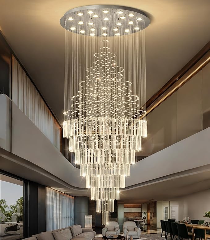 W47 x H120 Crystal LED Chandelier with Light Bulbs Luxury Raindrop High Ceiling Chandeliers for Entryway Villa Staircase Foyer Living Room Lighting Fixtures Silver