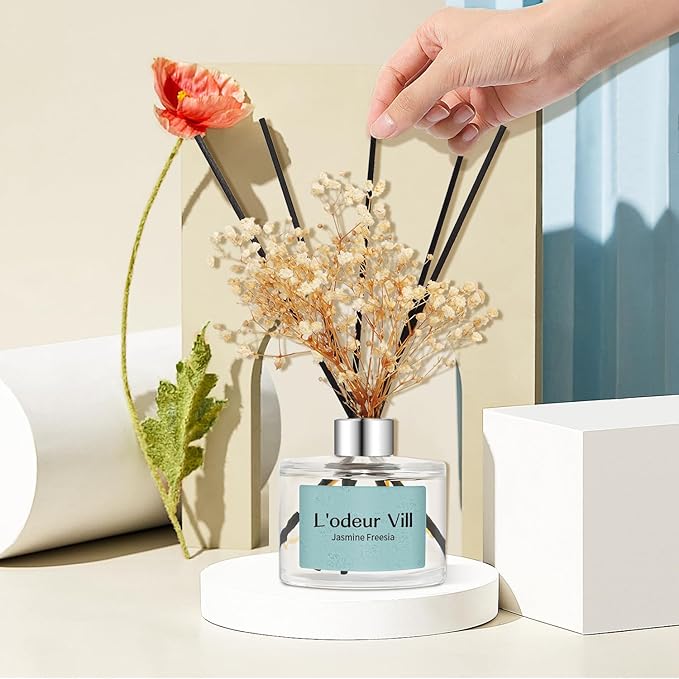 L'odeur Vill Reed Diffuser Set, 6.7 oz(200ml) Jasmine Freesia Scented Diffuser with 6 Oil Diffuser Sticks, Home Fragrance Essential Oil Reed Diffuser for Home Large Rooms Bathroom Shelf Decor