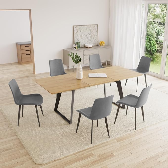 ZckyCine 67'' Extendable Rectangular Wooden Dining Table and Chairs 6-Seater Modern Mid-Century Style Multi-Purpose Space-Saving Design Home Dining Room Furniture Set