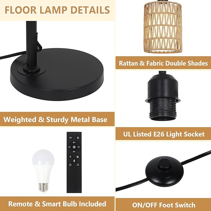Floor Lamp with Remote, Dimmable Rattan Floor Lamp with LED Bulb, Industrial Black Tall Pole Lamp with Rattan & Fabric Shades, Boho Farmhouse Standing Lamps for Living Room Bedroom Office