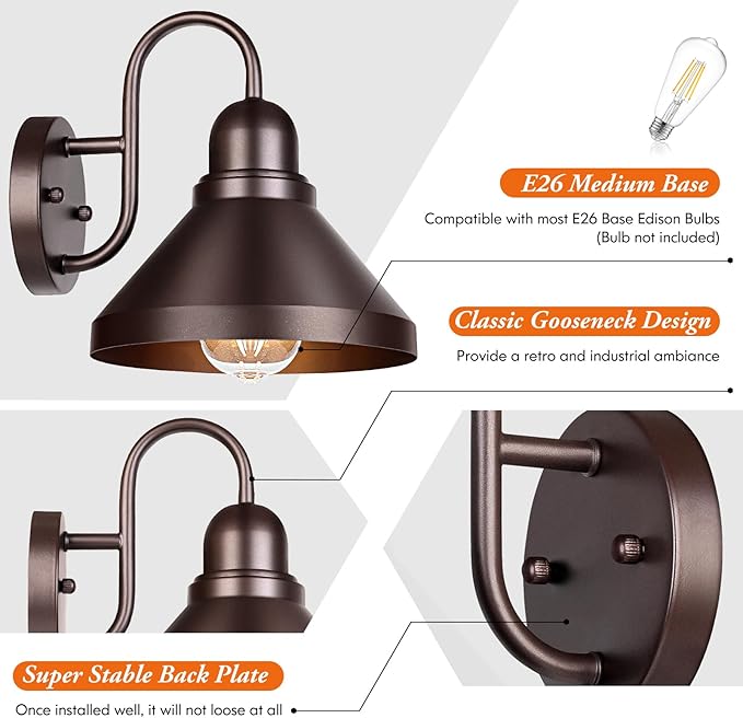 Brightever Gooseneck Porch Lights Outdoor, 2-Pack Farmhouse Exterior Barn Light Fixtures, Waterproof Industrial Brown Patio Wall Lamps for Garage, E26 Base Anti-Rust, Bulb not Included