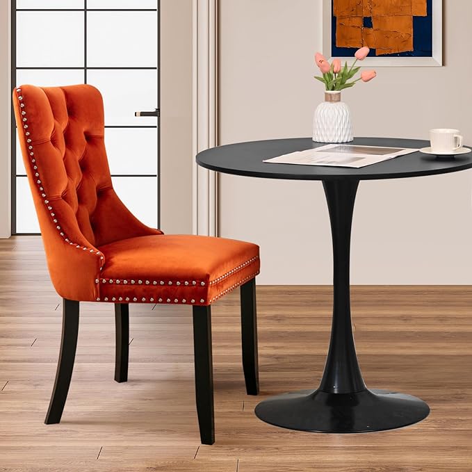 SoarFlash Kitchen Table and Chairs for 2, 31.5" Dining Table Set for 2 with Velvet Upholstered Chairs, 3 Piece Round Kitchen Table Set, Dining Room Table Set for Small Space, Apartment, Orange/Black