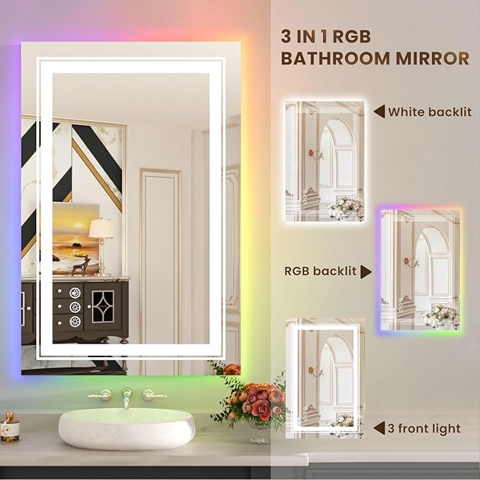 WTTY RGB LED Bathroom Mirror 28"x36" with Backlit and 3 Front Light,Stepless Dimmable LED Mirror for Bathroom,Lighted Bathroom Vanity Mirror for Wall,Anti-Fog,Memory Function,Shatter-Proof