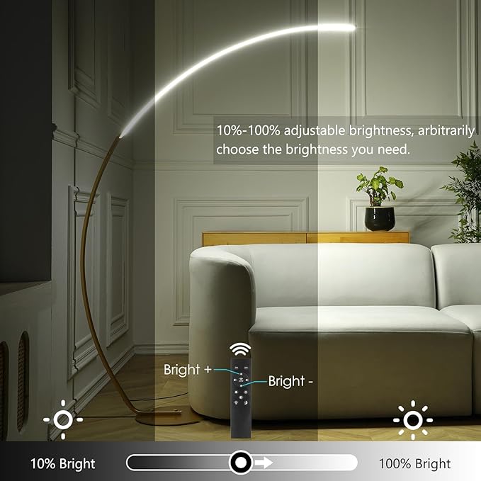 NUÜR Arc Floor Lamp, 67" Tall Gold LED Modern Standing Floor Lamp with Remote Control, Arched Bright Floor Lamps for Living Room Bedroom Office Home