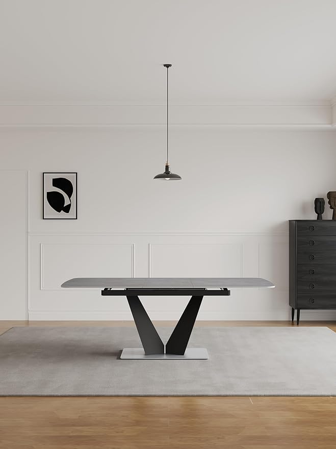 79 ”Modern Dining Table, Seats 6-8, Gray Rectangular Expandable Sintered Stone Dining Table with V-Shaped Carbon Steel Base,for Dining Room (Table)