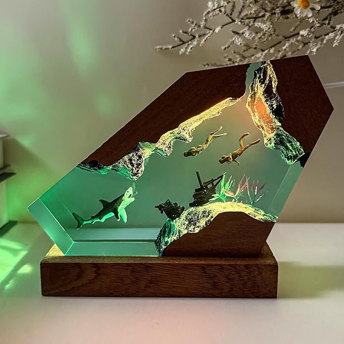 Epoxy Shark Ocean Resin Lamp, Handmade Resin Night Light with USB Port, Multi-Color LED Light, Ideal Home Bedroom Decor, Scuba Diver Gift for Birthday Holiday, Unique Shark Gifts for Him Her (8"x5")