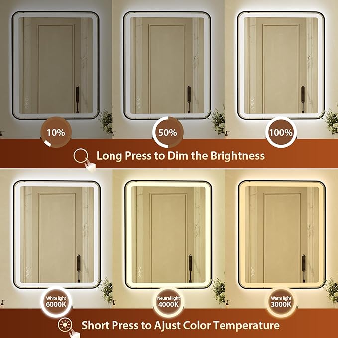 36x48 Inch LED Bathroom Mirror with Black Frame,Front and Backlit Vanity Mirror, Stepless Dimmable Wall Mirrors with Anti-Fog, 3 Colors, Memory, Waterproof, LED Smart Bathroom Mirror