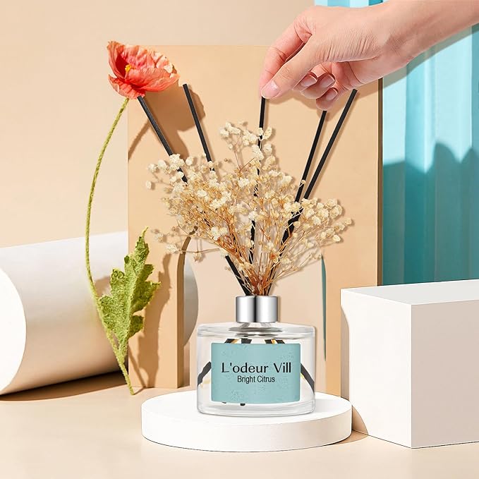 L'odeur Vill Reed Diffuser Set, 6.7 oz(200ml) Bright Citrus Scented Diffuser with 6 Oil Diffuser Sticks, Home Fragrance Essential Oil Reed Diffuser for Home Large Rooms Bathroom Shelf Decor