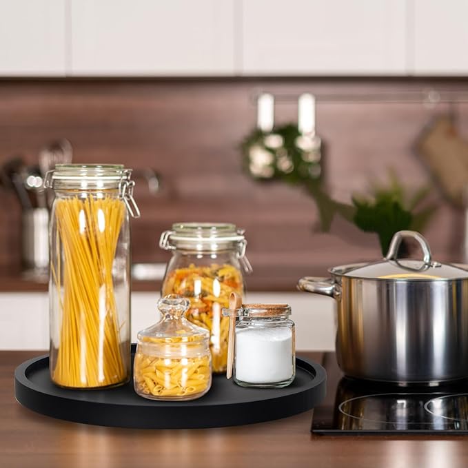 Black Wooden Lazy Susan Turntable Organizer Cabinet Round Bathroom Vanity Rotating Tray 10" Small Lazy Susans for Dining Table Top Kitchen Countertop Decor Tray Wood Lazy Susan Coffee Bar Accessories