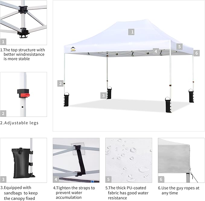 CROWN SHADES 10x15 Pop Up Canopy Tent, Thicken Frame Commercial Heavy Duty Tent, 8 Stakes & 4 Sandbags & 4 Ropes, Outdoor Canopies for Events, Parties,White