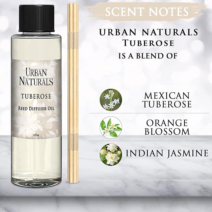 Urban Naturals Tuberose Reed Diffuser Oil Refill + Replacement Reed Sticks ~ A Blend of Exotic Tuberose & Fragrant Orange Blossom 4 oz. | Home Gift Idea. Vegan.