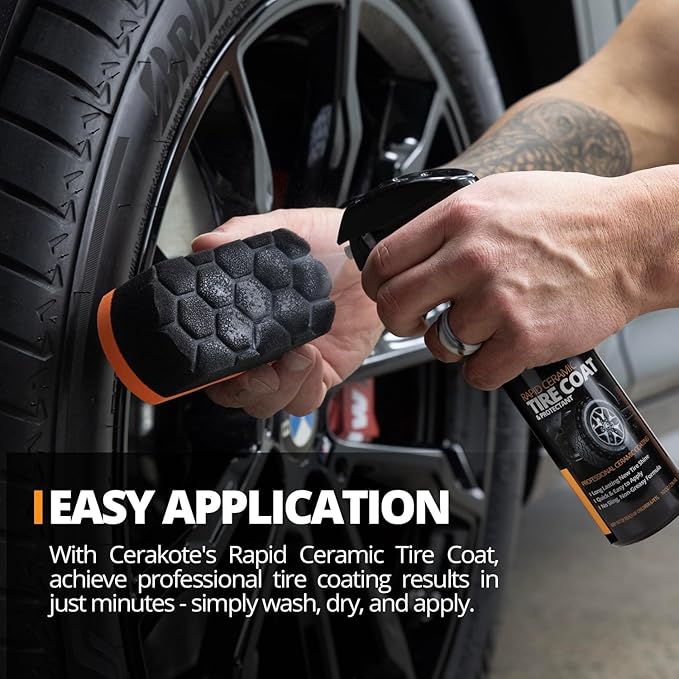 CERAKOTE Rapid Ceramic Tire Coat – Showroom New Tire Shine – Deep Tire Black Finish – Lasts Up to 10x Longer – No Sling, Non-Greasy Ceramic Tire Coating for Car, Truck & SUV – Easy Application (10oz)