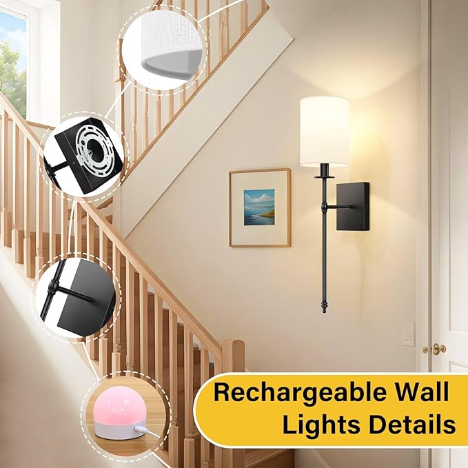 24.8 Inch Black Battery Operated Wall Sconces Set of 2, Rechargeable Wireless Wall Lights with Remote & White Fabric Shade, Indoor Not Hardwired Dimmable Wall Lamps for Bedroom, 2 Bulbs Included