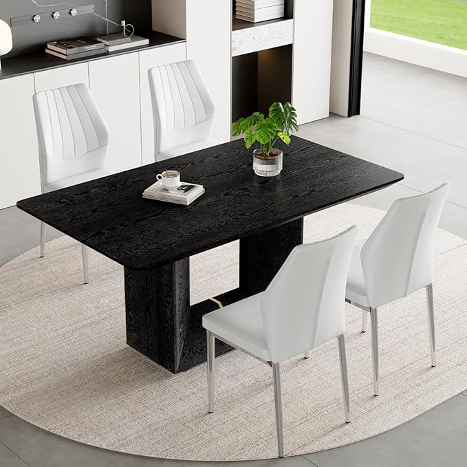 63" Modern Black Dining Table Set for 4 with Chairs, 5 Piece Rectangular Dining Room Table and 4 PU Leather Chairs, Kitchen Dining Set with Matte Wood Finish, Geometric Base, Easy Assembly