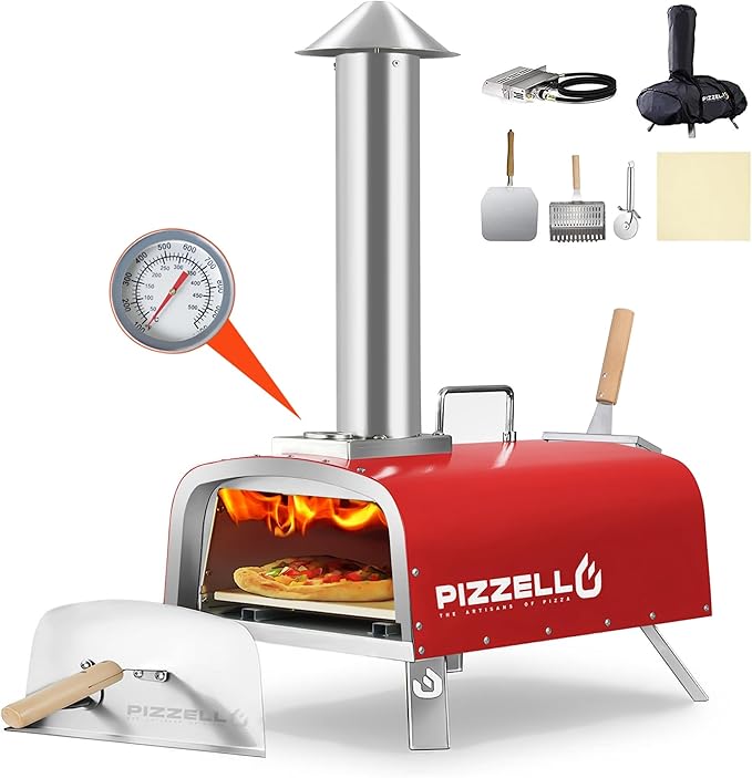 PIZZELLO 13" Outdoor Pizza Oven Propane Wood Fired Outdoor Foldable Pizza Ovens with Gas Burner, Wood Tray Pizza Stone, Pizza Peel, Cover