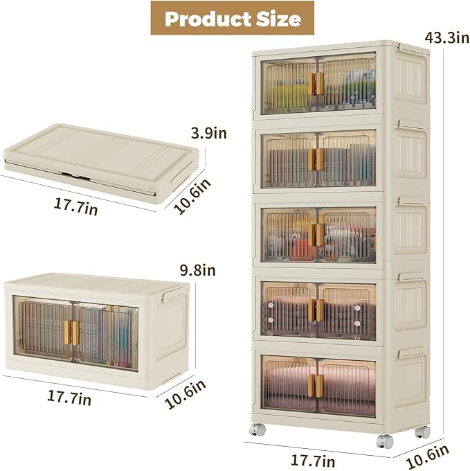 28 Qt Plastic Storage Bins with Lid, Collapsible Closet Organizer and Drawers, Stackable Storage Containers with Wheels, 5Pack