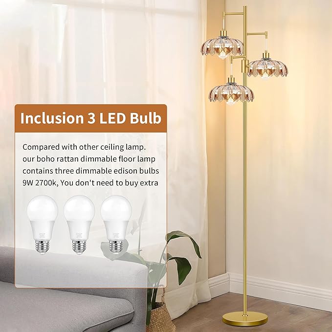 Dimmable Floor Lamp for Living Room Bedroom-3 Light Gold Floor Lamp with Glass Lampshape, Flower Tall Lamp Mid Century Modern Standing Lamp Glass Tree Floor Lamps for Living Room Bedroom,Corner