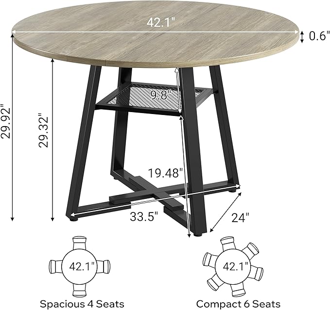 Round Dining Table for 2-4 People,42 Inch Dining Room Table,Modern Circle Kitchen Table with Storage Shelf and Metal Legs for Dining Room,Kitchen,Grey (Table Only)