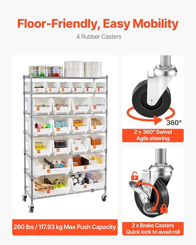 VEVOR 7-Tier Rolling Bin Storage Rack, 22 Organizer Bins, Bin Rack Storage Steel Wire Shelving System with Wheels, Mobile Tool Organizer for Garage, Warehouse, Office, Restaurant, Classroom, Kitchen