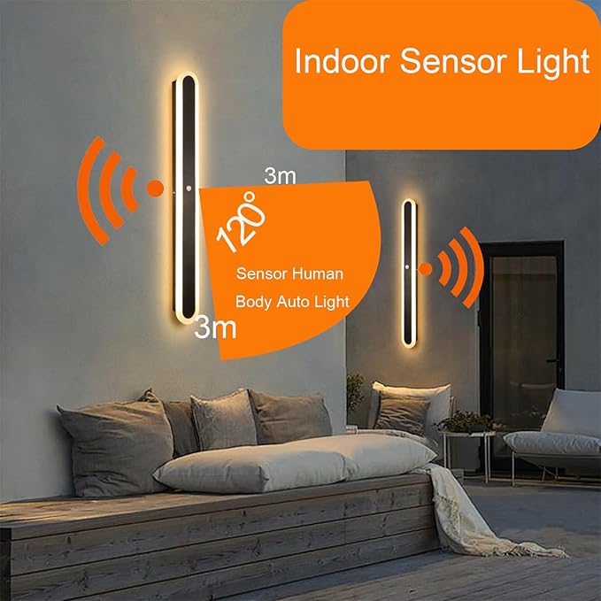 Modern LED Wall Sconce with Motion Sensor Interior Acrylic Black Wall Lamp Indoor Minimalist Long Wall Light Inside Lighting Fixtures for Living Room Bathroom Front Door Bedroom (80CM,Warm Light)