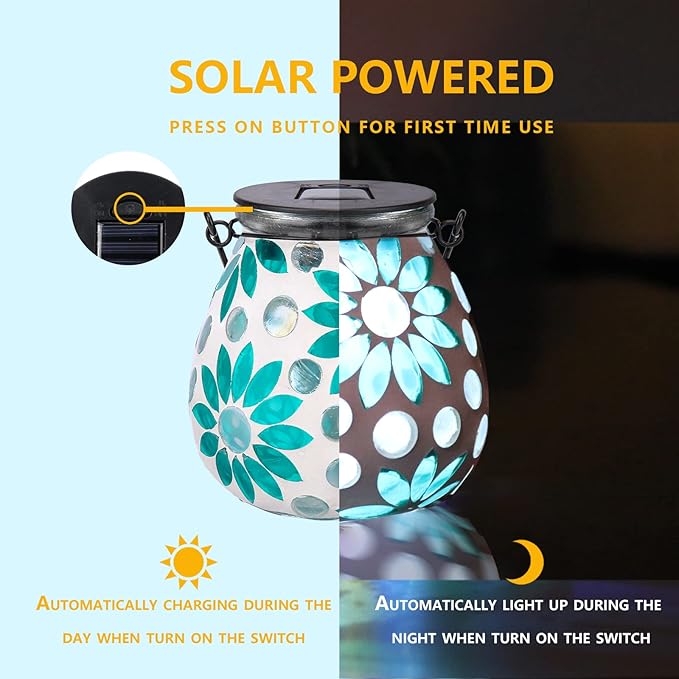 Afirst Mosaic Solar Lanterns Outdoor - Glass Hanging Solar Lights Hollow Out Waterproof Table Lamp Outdoor Decorative for Garden, Patio, Holiday Party Outdoor Decoration
