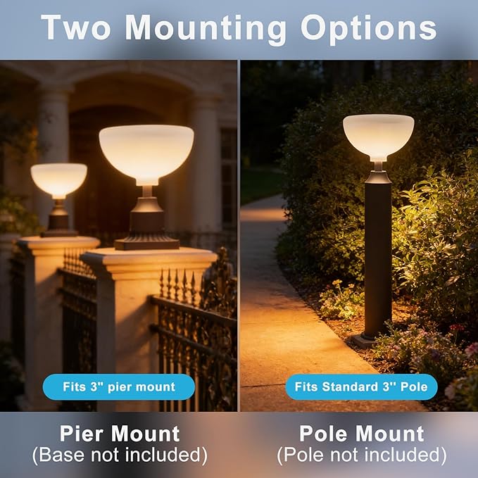 Lightdot Solar Lamp Post Lights 3000K Dusk to Dawn Solar Post Lights with Pier Mount Base, Wireless Waterproof Outdoor Post Lantern, Aluminum Housing for Garden Yard Pole Pillar-2 Pack