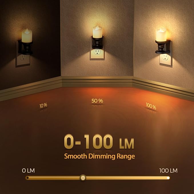 Flameless Candle Night Light, 3000K Warm White Candle Night Lights Plug into Wall, 2 Pack Nightlight with Light Sensor, 0-100LM Dimmable LED Night Light Plug in, Nightlight for Hallway Bathroom