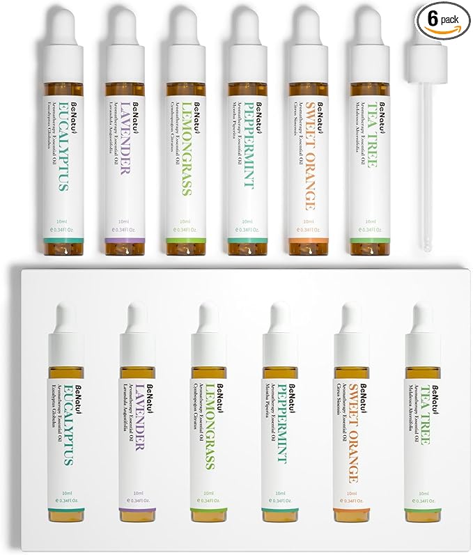 Essential Oils Set (Eucalyptus, Lavender, Lemongrass, Peppermint, Tea Tree, Orange) for Diffuser, Topical Skin, Body, Natural Home Fragrance Gift for Women & Men