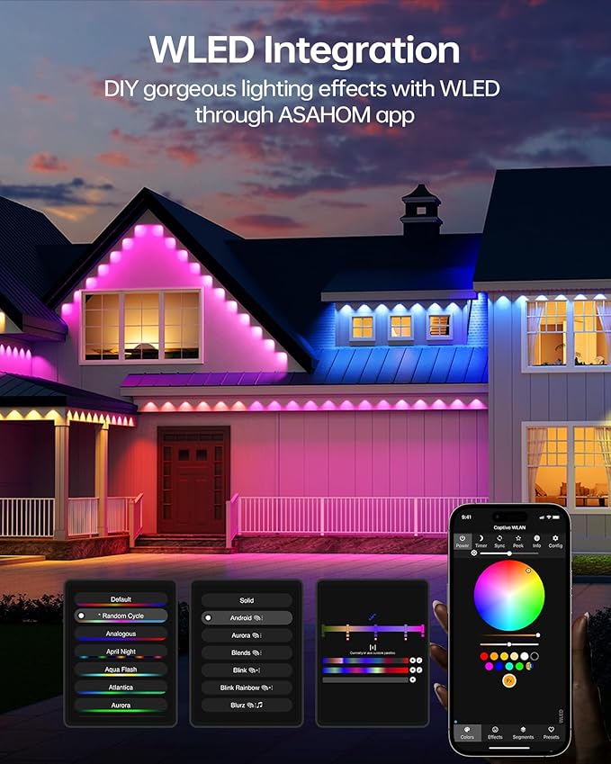 ASAHOM Permanent Outdoor Lights Pro S108E, 300FT with 216 RGBCW LEDs, WLED Integration, AI Lighting, 30000 Lighting Effect Combinations, IP67 Waterproof for Christmas New Year Daily Decor, Black