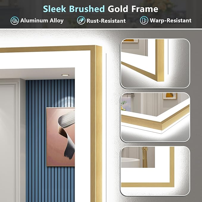 60x38 Gold LED Bathroom Mirror with Lights, Brushed Gold Framed Backlit and Front Lit Anti-Fog Lighted Vanity Mirrors for Bathroom Wall, Dimmable, 3 Colors, Memory, HD Tempered Glass, CRI＞90