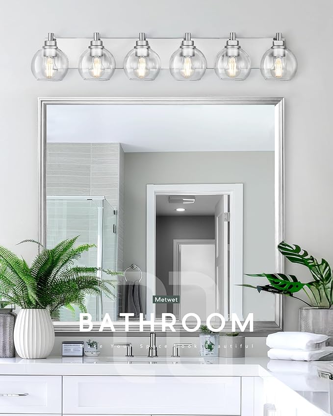 Bathroom Light Fixtures, 6 Light Brushed Nickel Vanity Light, 38 Inch Modern Wall Sconces with Globe Clear Glass Shade, Vanity Lighting Fixtures Over Mirror, VL195-BN-6