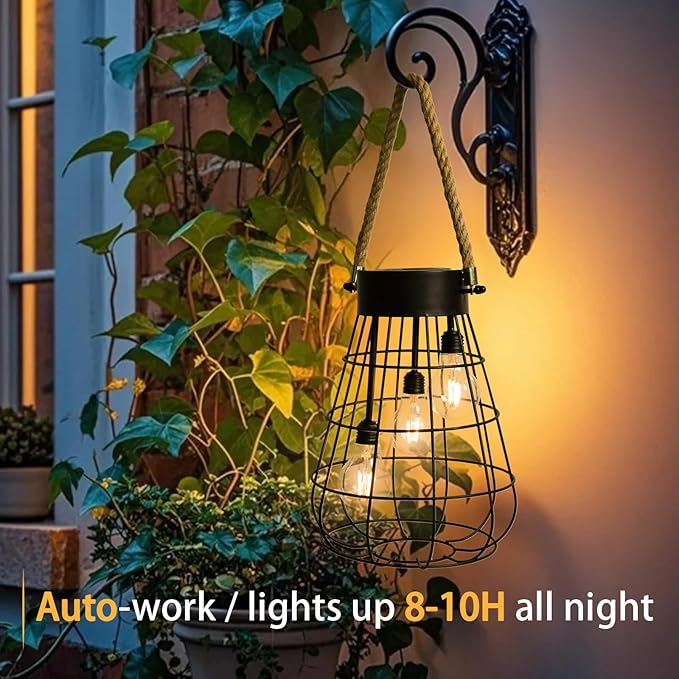 Solar Hanging Lantern with Rope, Vintage Industrial Pendant Light, 12.8" Solar Powered Outdoor Lantern, IP65 Waterproof Garden Light, Warm White Glow, Rechargeable for Patio, Porch, Yard Decor
