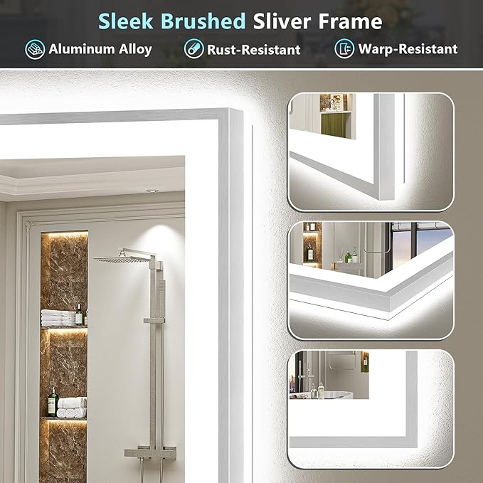 84x32 Brushed Nickel LED Bathroom Mirror with Lights, Sliver Framed Backlit and Front Lit Anti-Fog Lighted Vanity Mirrors for Bathroom Wall, Dimmable, 3 Colors, Memory, Tempered Glass, CRI＞90