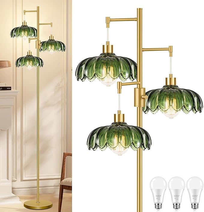 Vintage Floor Lamps for Living Room Bedroom-3 Light Dimmable Gold Floor Lamp with Glass Lampshape, Flower Tall Lamp Modern Mid Century Standing Lamp Green Tree Floor Lamp for Bedroom Corner