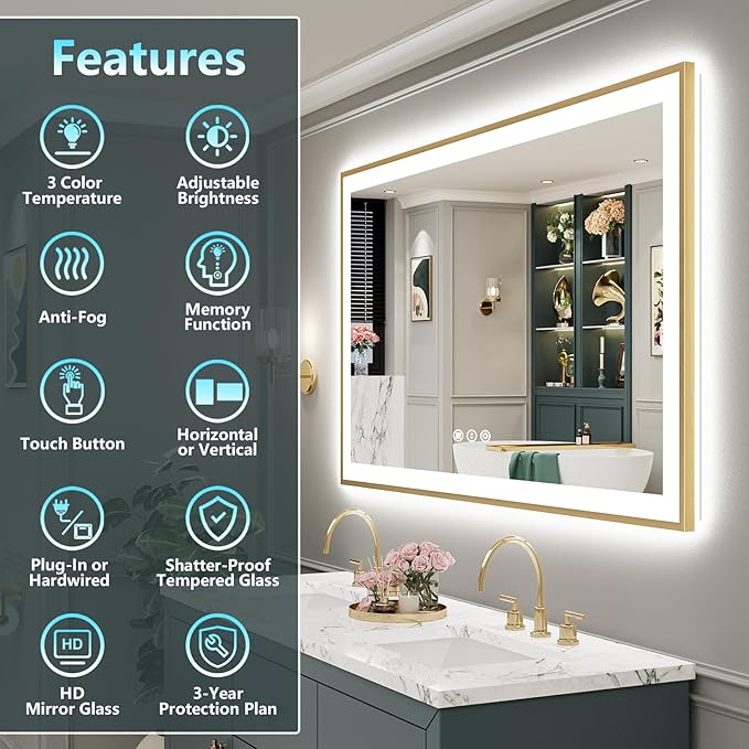 50x36 Gold LED Bathroom Mirror with Lights, Brushed Gold Framed Backlit and Front Lit Anti-Fog Lighted Vanity Mirrors for Bathroom Wall, Dimmable, 3 Colors, Memory, HD Tempered Glass, CRI＞90
